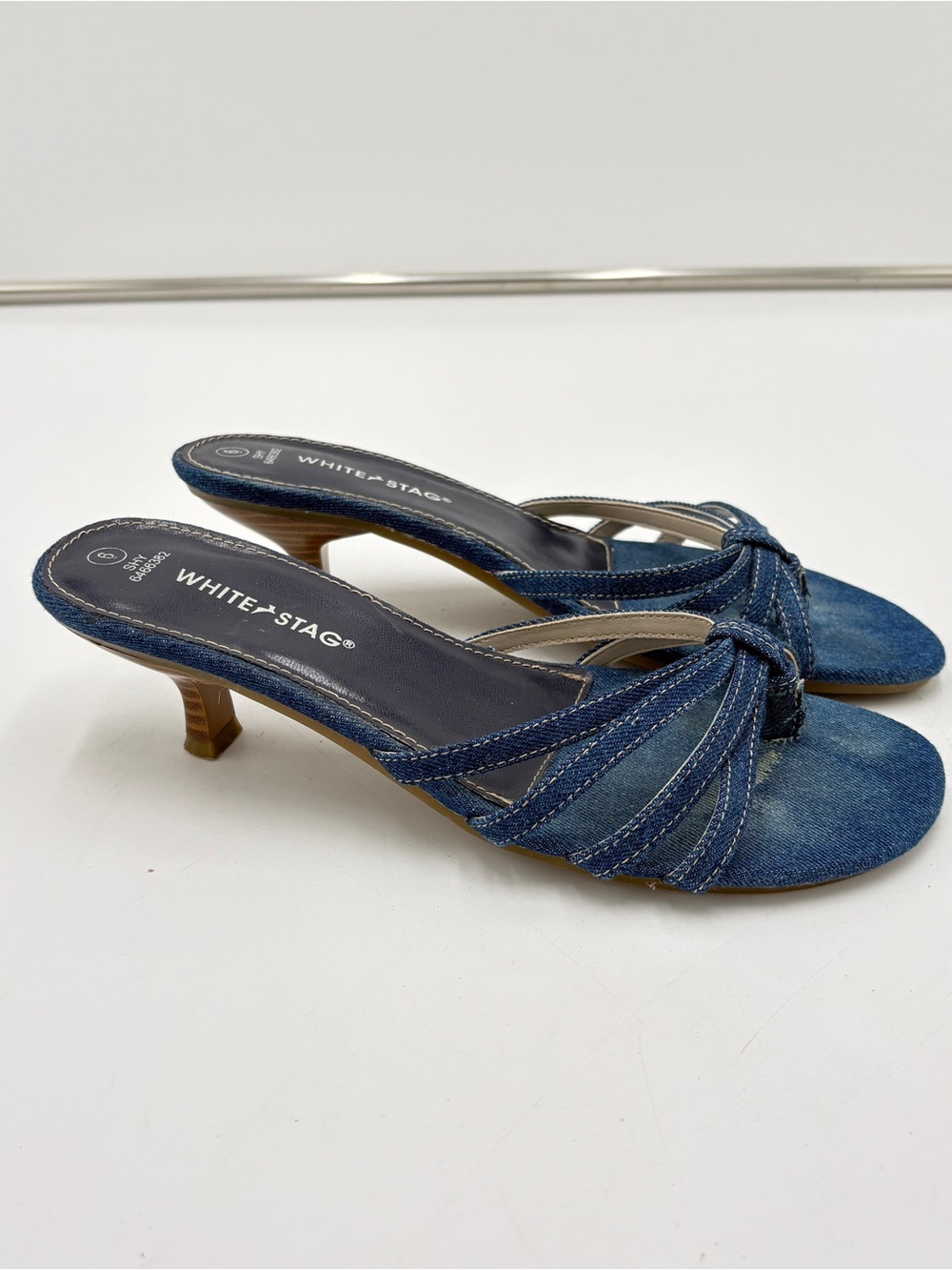 Vintage Y2K White Stag Denim Kitten Heel Thong Sandals Denim Jean Mule Strappy 6